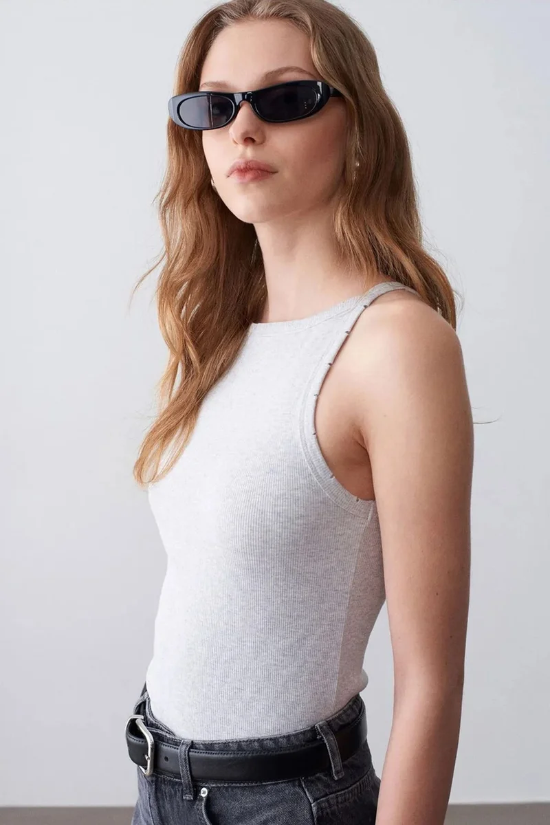 Dilvin Light Grey DILVIN Ribbed Cotton Halterneck Blouse for Women | Best Price UAE