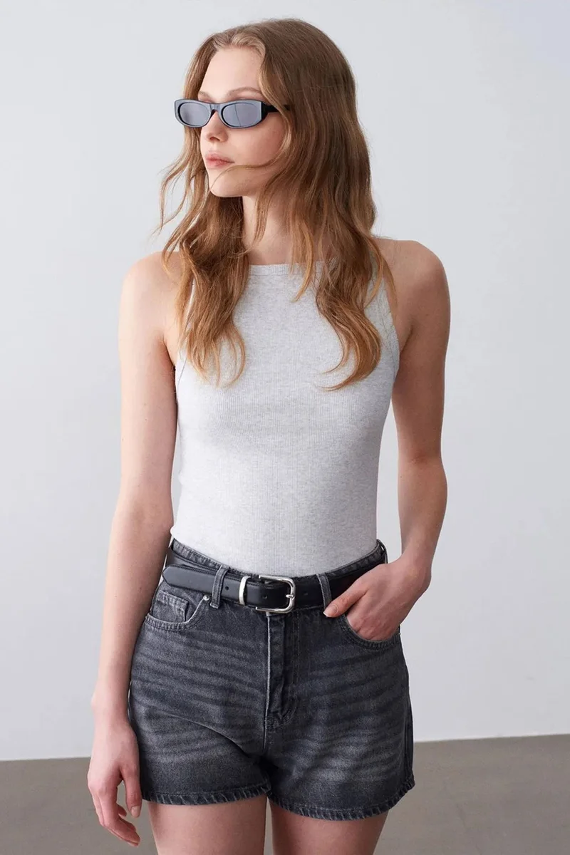 DILVIN Ribbed Cotton Halterneck Blouse