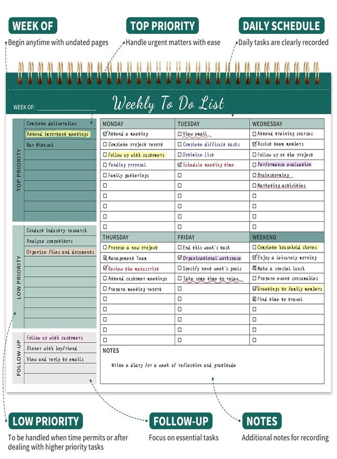ALKALO Weekly To Do List Notepad, 52 Undated Sheets （8.5"×11"）Daily Planner For Work Home School Office Desk Accessories Supplies & Goal Setting Tasks - Green - Image 2