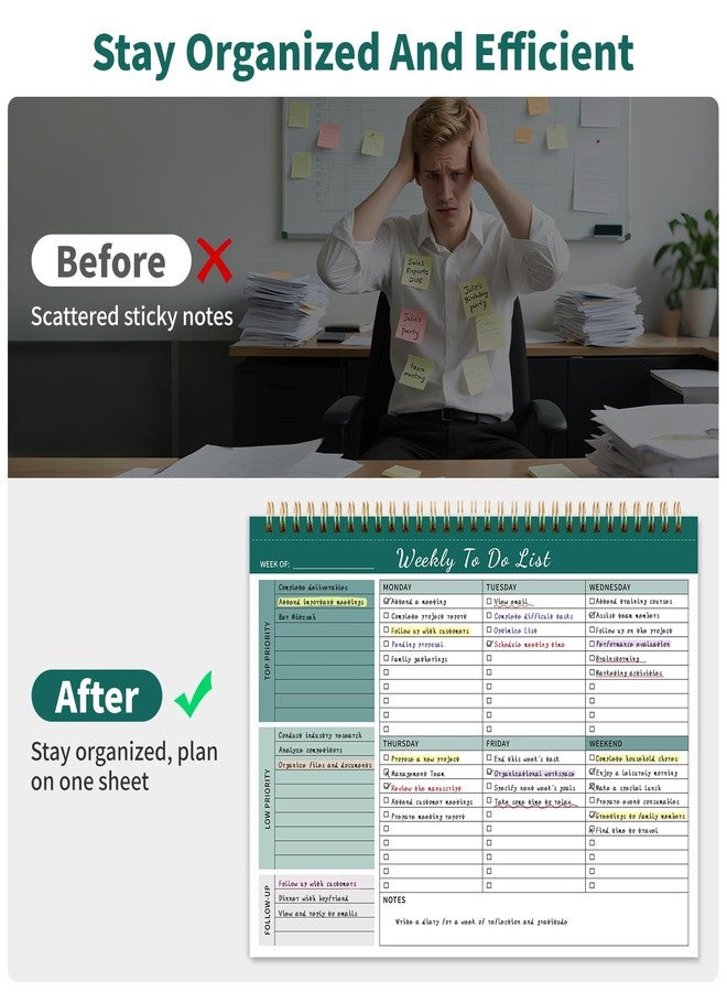 ALKALO Weekly To Do List Notepad, 52 Undated Sheets （8.5"×11"）Daily Planner For Work Home School Office Desk Accessories Supplies & Goal Setting Tasks - Green - Image 4