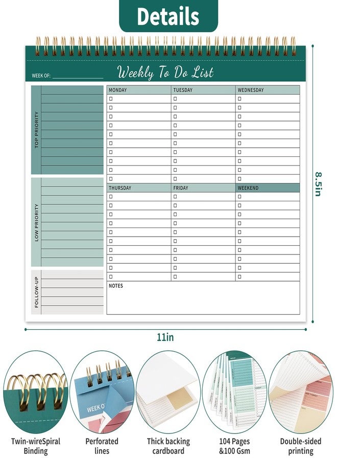 ALKALO Weekly To Do List Notepad, 52 Undated Sheets （8.5"×11"）Daily Planner For Work Home School Office Desk Accessories Supplies & Goal Setting Tasks - Green - Image 3