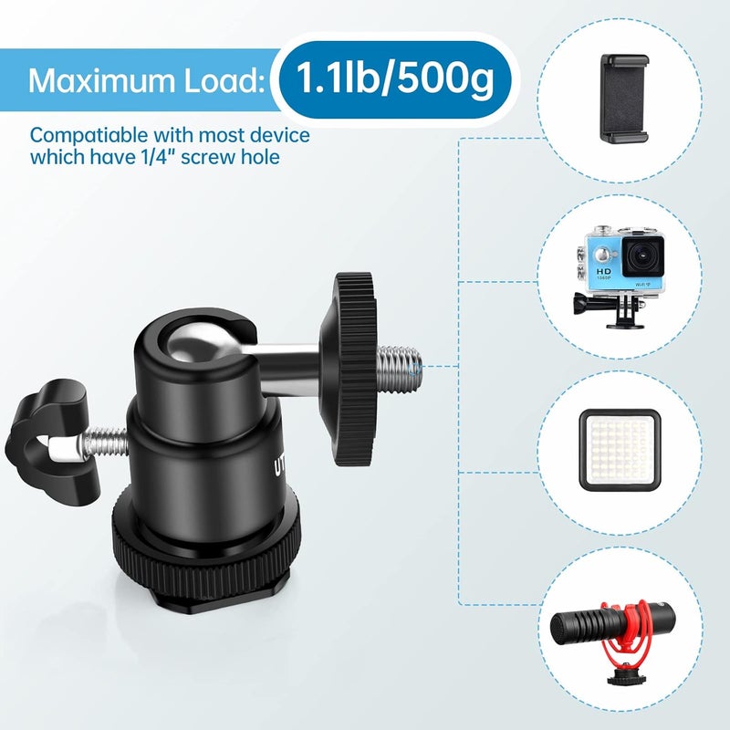 UTEBIT 12MM Tripod Ball Head, 360° Rotatable Metal Mini Ball Head with 1/4" hot Shoe, BallHeads Camera Mount Adapter for Sport Camera, Pocket Light, Microphone, Loading 1.1lb(2 Pack) - Image 5