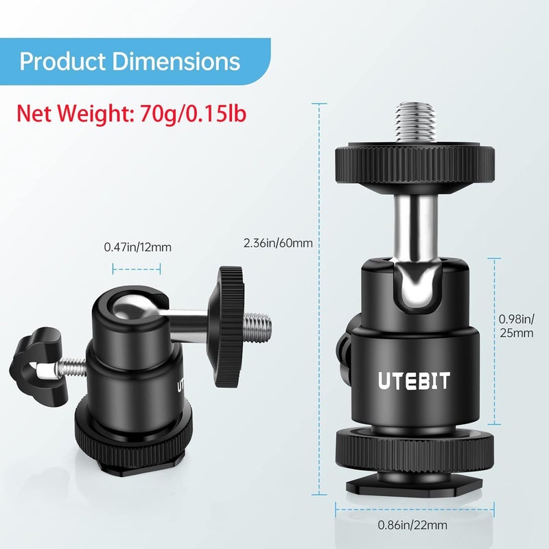 UTEBIT 12MM Tripod Ball Head, 360° Rotatable Metal Mini Ball Head with 1/4" hot Shoe, BallHeads Camera Mount Adapter for Sport Camera, Pocket Light, Microphone, Loading 1.1lb(2 Pack) - Image 4