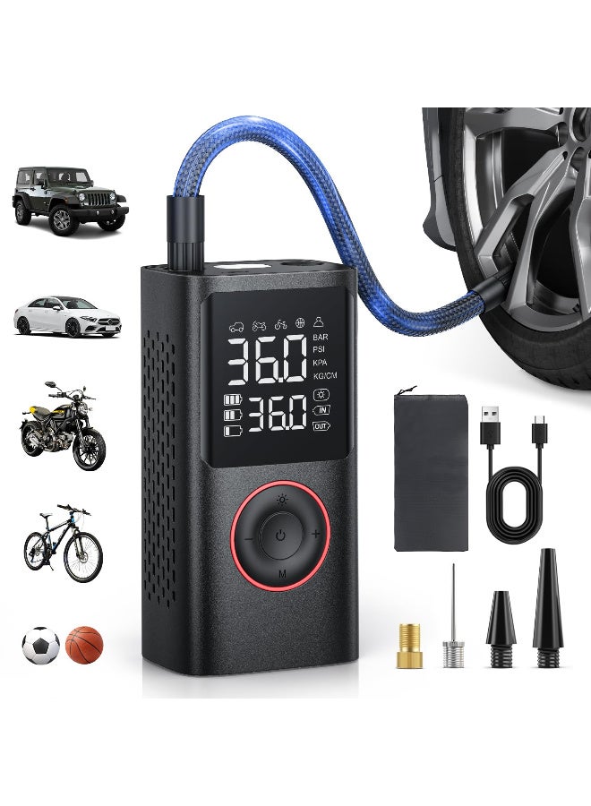 Portable Tire Inflator 150 PSI Wireless Air Compressor with Pressure Gauge and LED Light for Car, Motorcycle, Bicycle, and Balls - Black - Image 2