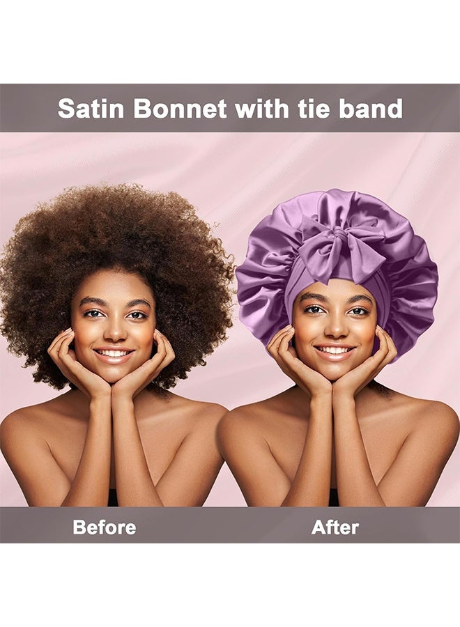 2Pcs Women's Large Satin Silk Sleep Bonnet, Night Hair Wrap Cap with Adjustable Elastic Tie Band, for Curly Hair & Braids Sleeping Use, Black & Purple - Image 4