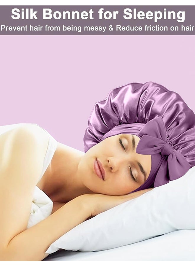 2Pcs Women's Large Satin Silk Sleep Bonnet, Night Hair Wrap Cap with Adjustable Elastic Tie Band, for Curly Hair & Braids Sleeping Use, Black & Purple - Image 5