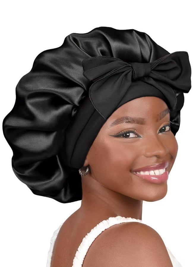 2Pcs Women's Large Satin Silk Sleep Bonnet, Night Hair Wrap Cap with Adjustable Elastic Tie Band, for Curly Hair & Braids Sleeping Use, Black & Purple - Image 2