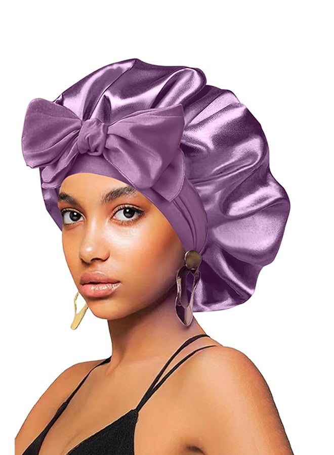 2Pcs Women's Large Satin Silk Sleep Bonnet, Night Hair Wrap Cap with Adjustable Elastic Tie Band, for Curly Hair & Braids Sleeping Use, Black & Purple - Image 3