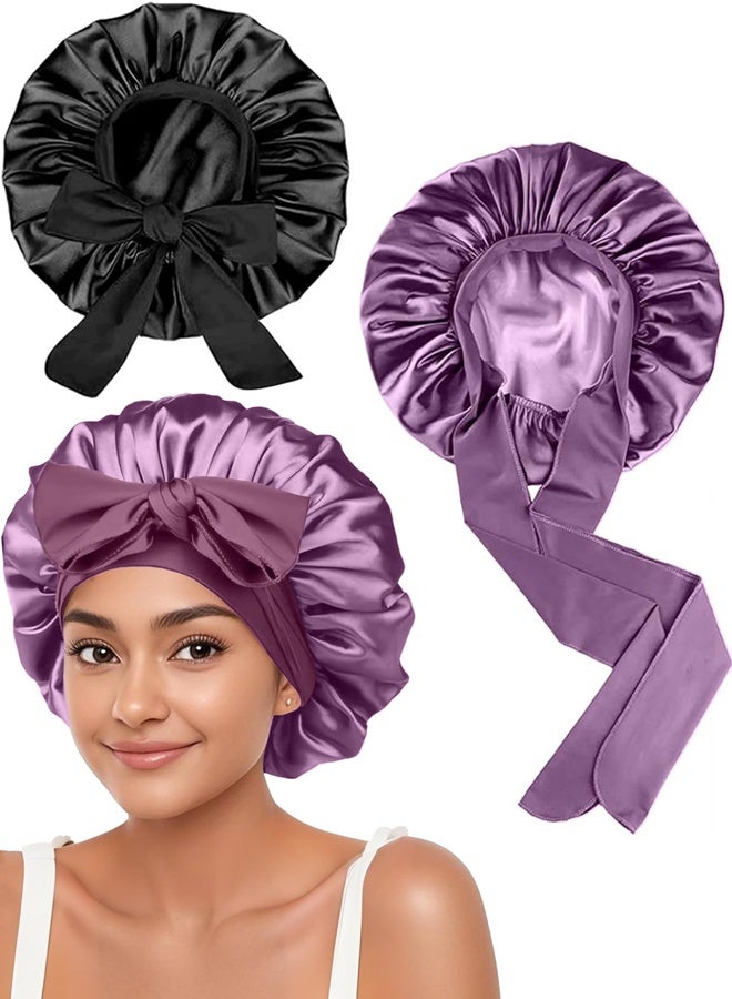 2Pcs Women's Large Satin Silk Sleep Bonnet, Night Hair Wrap Cap with Adjustable Elastic Tie Band, for Curly Hair & Braids Sleeping Use, Black & Purple - Image 1