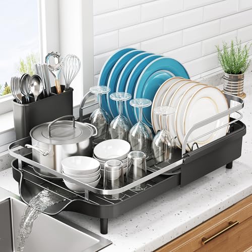 SNTD Dish Drying Rack Expandable Dish Rack for Kitchen Counter Stainless Steel Dish Drainer with Drainboard Set and Utensil Holder Black - Image 1