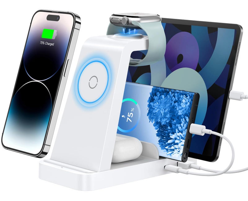 GAUOLN شاحن لاسلكي GAUOLN لجهاز iPhone - محطة شحن 5 في 1 لأجهزة Apple المتعددة: قاعدة شحن لاسلكية سريعة لجهاز iPhone 17 16e 16 15 14 13 12 Pro Max وساعة Apple وسماعات Airpods (أبيض) - Image 1