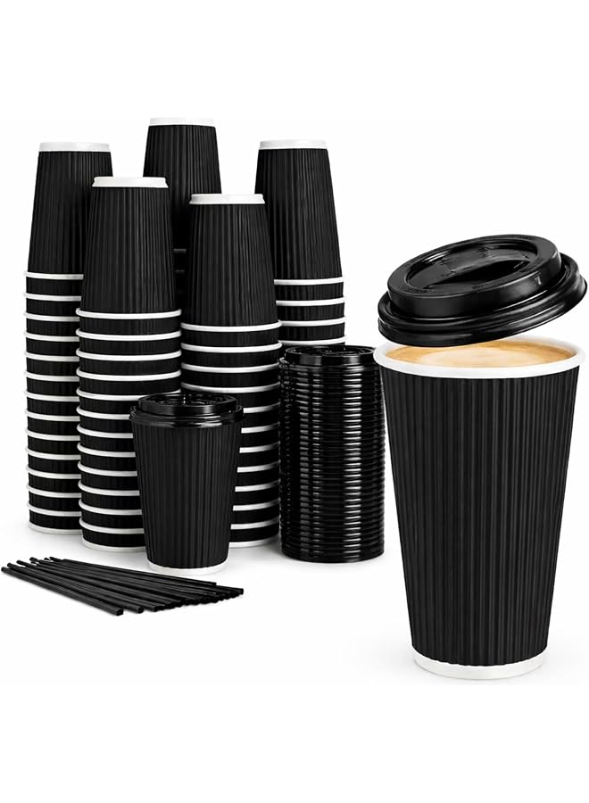 S-TOP 50 Pcs Disposable Ripple Wall Paper Cups with Lids & 30 Straws | 8 oz Double Wall Insulated Coffee Cups | Corrugated | Eco-Friendly Leak-Proof | Black - Image 1