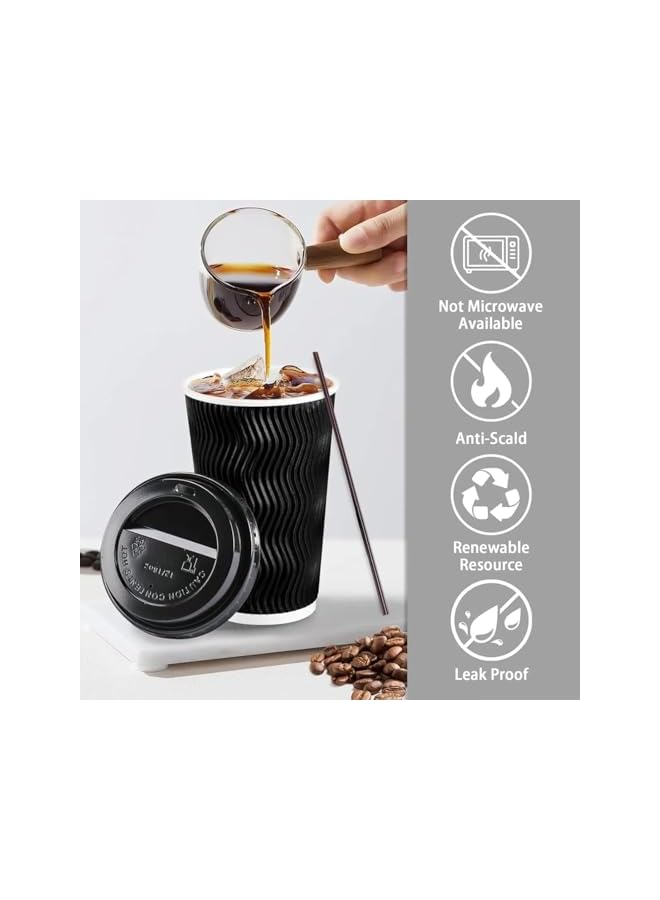 S-TOP 50 Pcs Disposable Ripple Wall Paper Cups with Lids & 30 Straws | 8 oz Double Wall Insulated Coffee Cups | Corrugated | Eco-Friendly Leak-Proof | Black - Image 4
