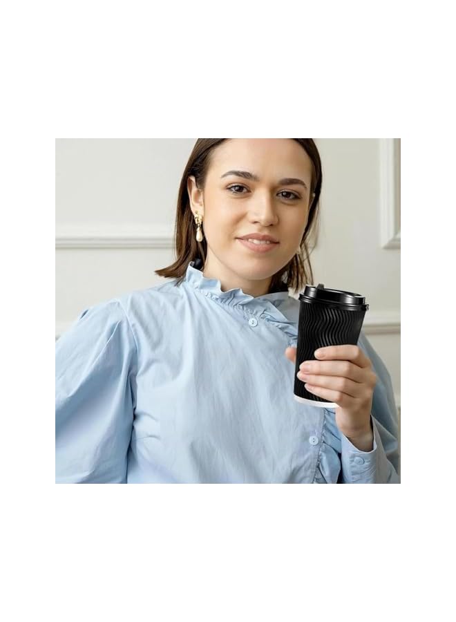 S-TOP 50 Pcs Disposable Ripple Wall Paper Cups with Lids & 30 Straws | 8 oz Double Wall Insulated Coffee Cups | Corrugated | Eco-Friendly Leak-Proof | Black - Image 5
