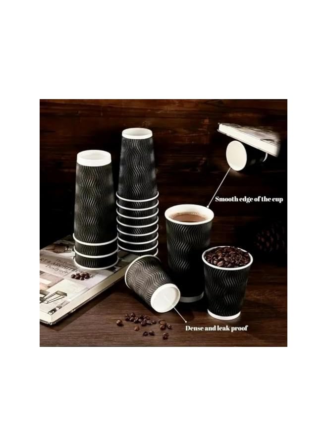 S-TOP 50 Pcs Disposable Ripple Wall Paper Cups with Lids & 30 Straws | 8 oz Double Wall Insulated Coffee Cups | Corrugated | Eco-Friendly Leak-Proof | Black - Image 3