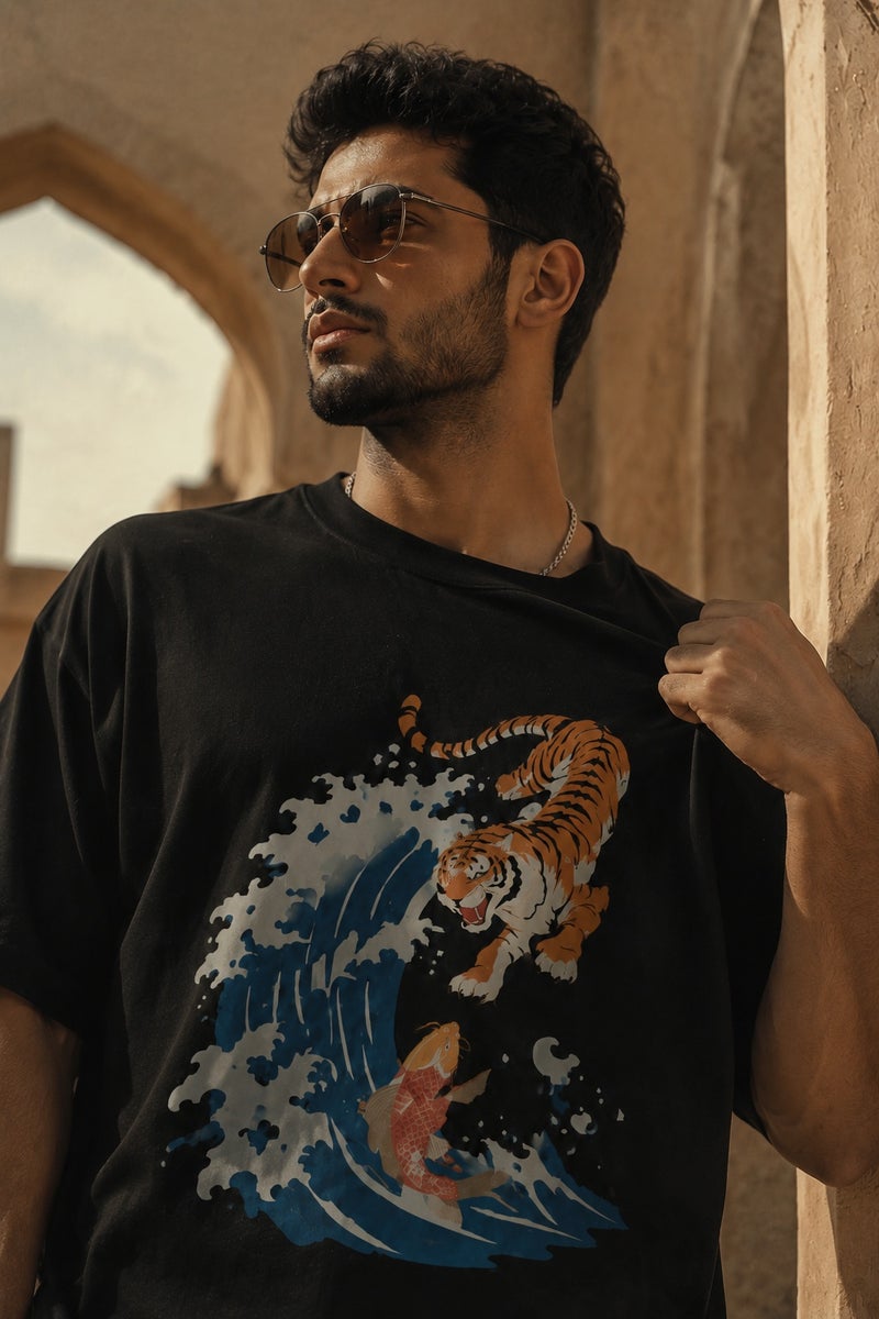 Men's Oversized Black Tiger Wave Graphic T-Shirt Casual Short Sleeve Crew Neck Streetwear Tee - Image 1