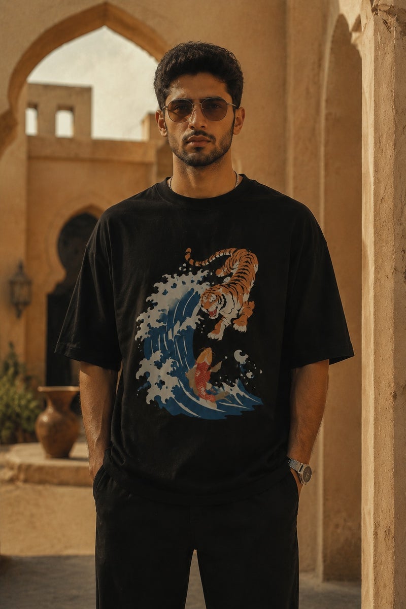 Men's Oversized Black Tiger Wave Graphic T-Shirt Casual Short Sleeve Crew Neck Streetwear Tee - Image 2