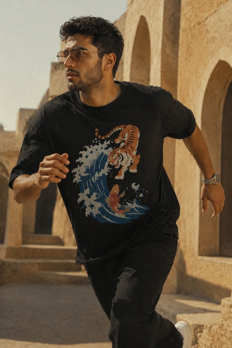 Men's Oversized Black Tiger Wave Graphic T-Shirt Casual Short Sleeve Crew Neck Streetwear Tee - Image 3