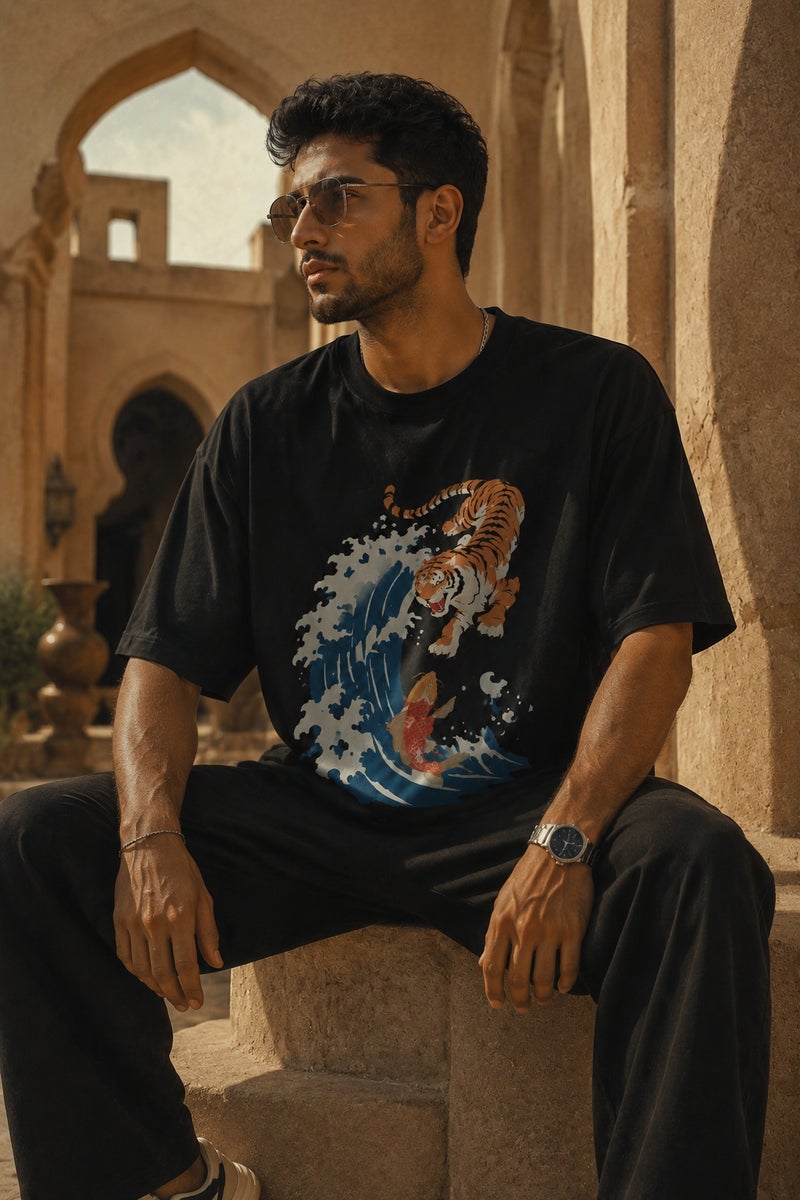 Men's Oversized Black Tiger Wave Graphic T-Shirt Casual Short Sleeve Crew Neck Streetwear Tee - Image 4