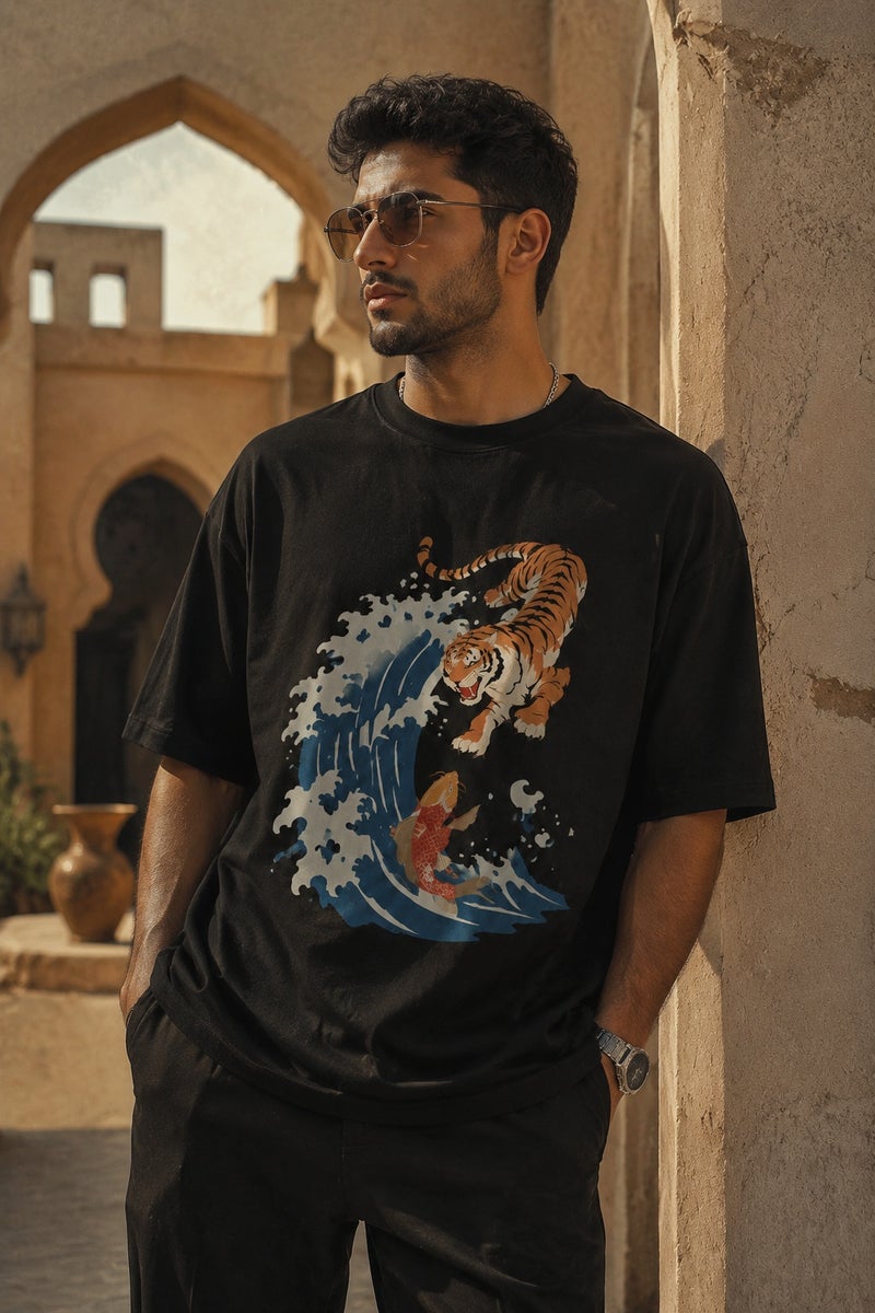 Men's Oversized Black Tiger Wave Graphic T-Shirt Casual Short Sleeve Crew Neck Streetwear Tee - Image 5