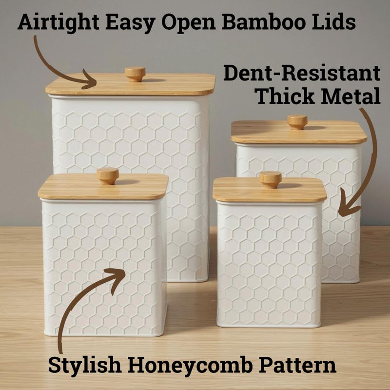 HB Design Co. Kitchen Canisters for Countertop Set of 4 - Textured Iron Kitchen Canisters with Airtight Lids - Flour Sugar Canister Set - Flour and Sugar Containers Farmhouse - Coffee Jar for Counter - White Jar x4 - Image 2