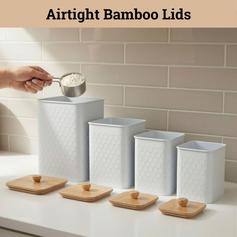 HB Design Co. Kitchen Canisters for Countertop Set of 4 - Textured Iron Kitchen Canisters with Airtight Lids - Flour Sugar Canister Set - Flour and Sugar Containers Farmhouse - Coffee Jar for Counter - White Jar x4 - Image 5
