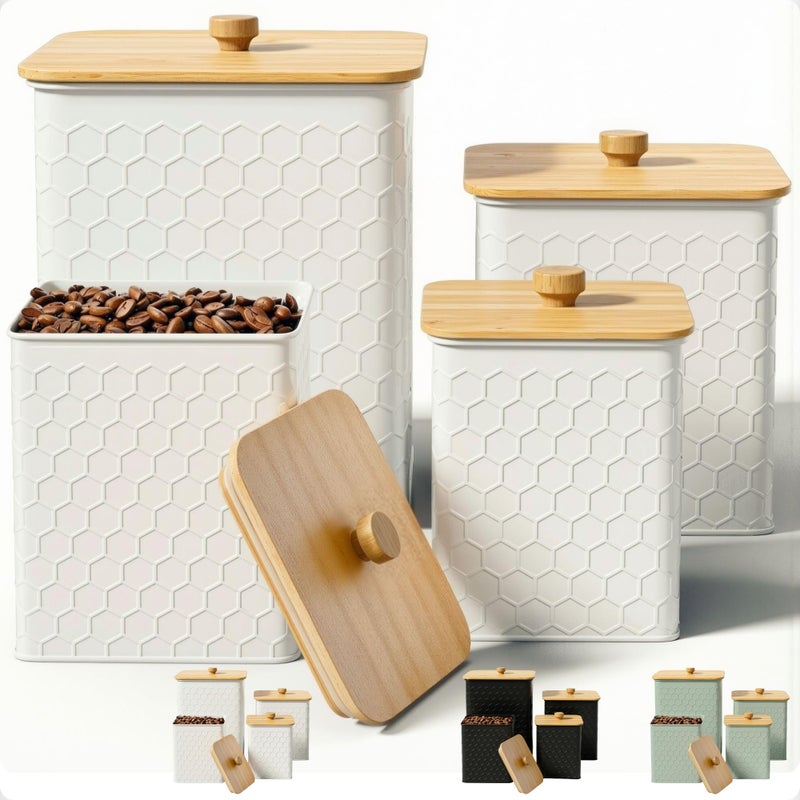 HB Design Co. Kitchen Canisters for Countertop Set of 4 - Textured Iron Kitchen Canisters with Airtight Lids - Flour Sugar Canister Set - Flour and Sugar Containers Farmhouse - Coffee Jar for Counter - White Jar x4 - Image 1