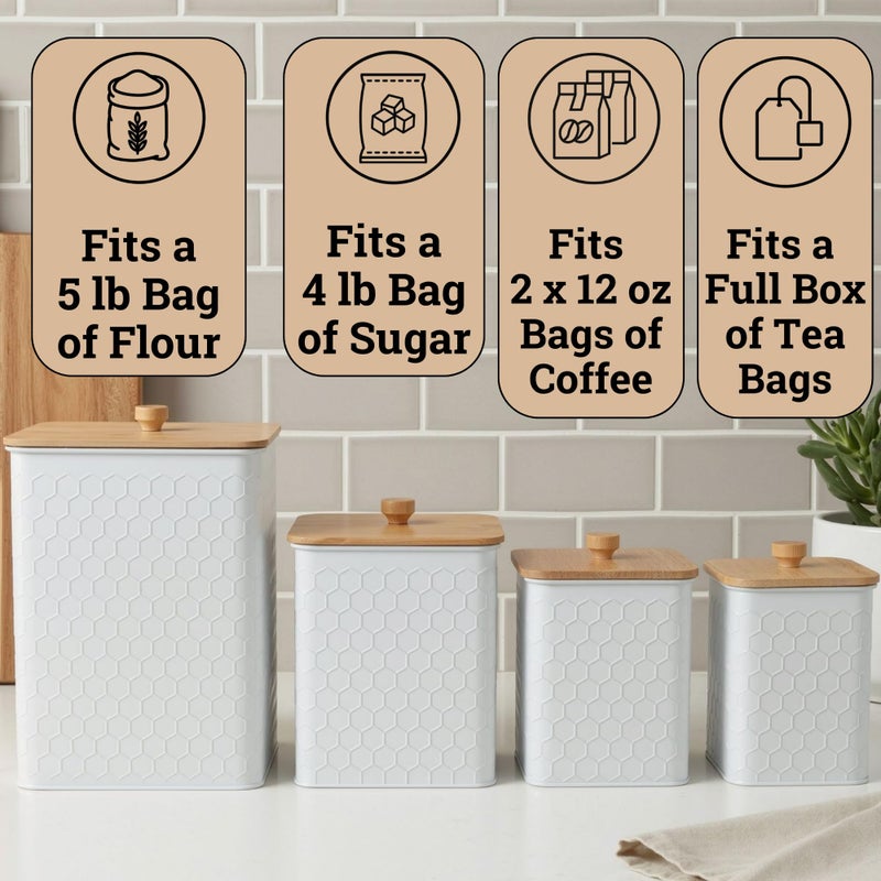 HB Design Co. Kitchen Canisters for Countertop Set of 4 - Textured Iron Kitchen Canisters with Airtight Lids - Flour Sugar Canister Set - Flour and Sugar Containers Farmhouse - Coffee Jar for Counter - White Jar x4 - Image 3