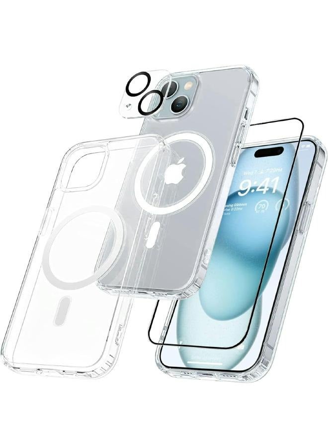 Magnetic MagSafe (3in1) Clear Magnetic Case for iPhone 15 with Screen Protector, Full Back Protection and Camera Lens Protector, Complete Coverage Set for Apple iPhone 15 - Image 1