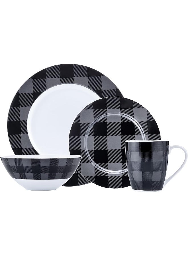 Safdie & Co. Safdie Co Buffalo Plaid Grey Black 16 Piece Dinnerware Set Service for 4 - Image 1