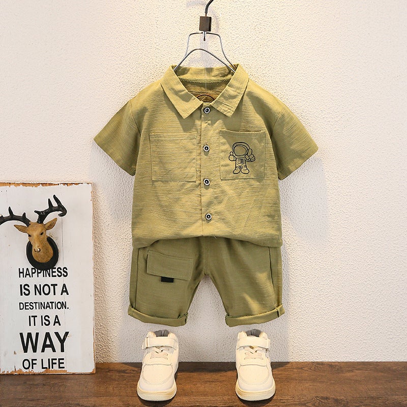2023 New Childrens Clothing Boys Suit Summer Fashion Childrens Korean Handsome Short-sleeved Shirt Two-piece Set Space Man Green 