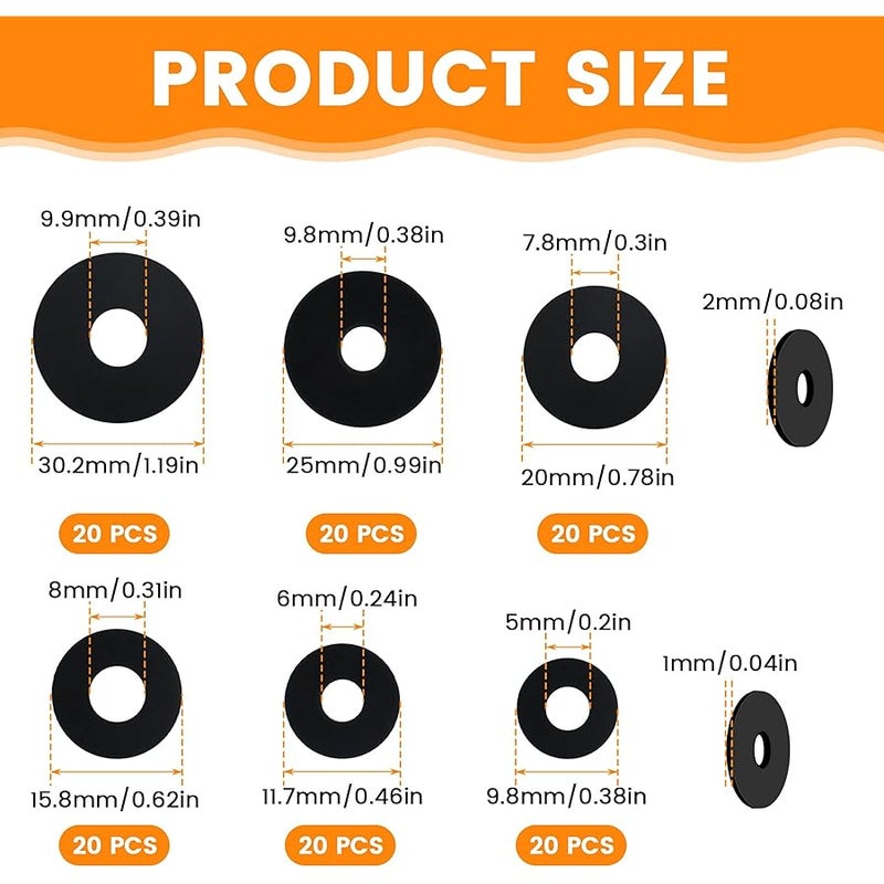 Aifeier ET 120Pcs Black Rubber Washers Kit, 10/12/16/20/25/30mm Flat Round Washers for Bolts, Vibration Absorbing Sealing Gaskets Assortment for Bolts/Screws, Plumbing, Faucet, Shower Head(6 Sizes) - Image 2