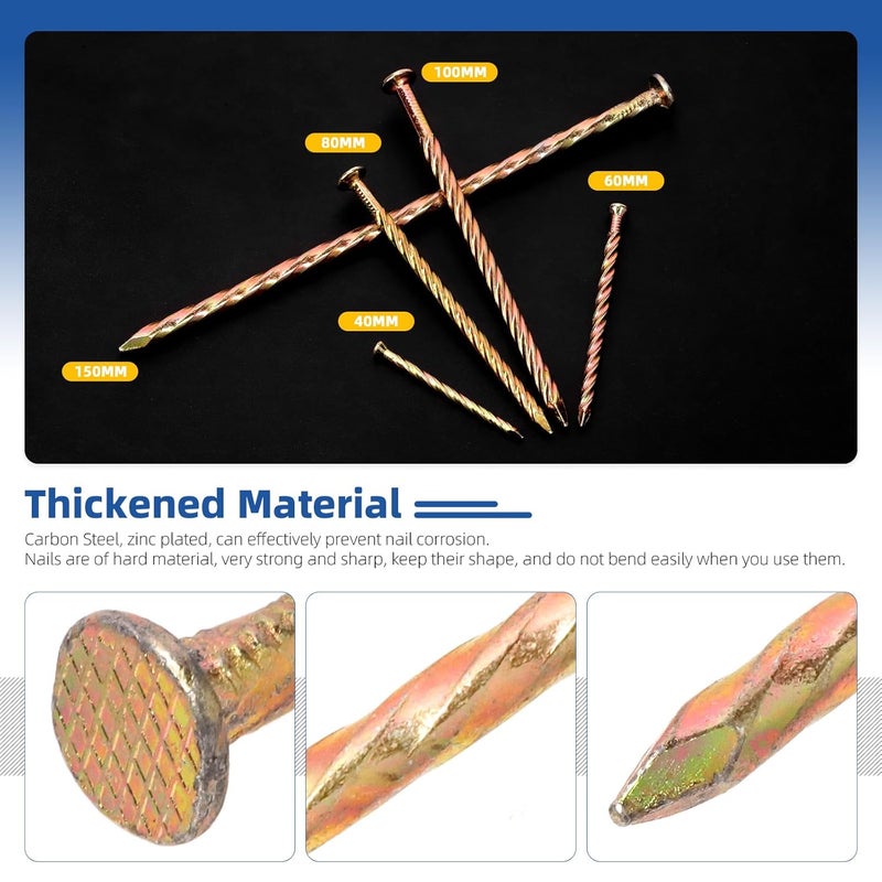 Glarks 200pcs 40/60/80/100/150mm Fence Deck Nails Kit, Carbon Steel Spiral Shank Deck Nail, Zinc Plated Twisted Nails for House Floor Repairing Wall Woodworking Baseboard - Image 4