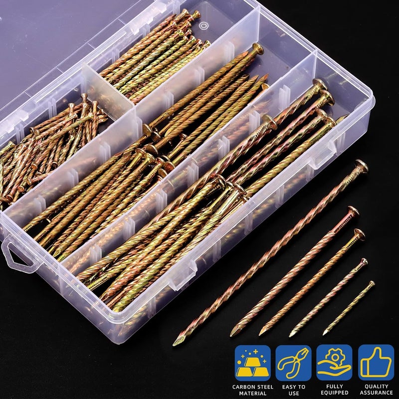 Glarks 200pcs 40/60/80/100/150mm Fence Deck Nails Kit, Carbon Steel Spiral Shank Deck Nail, Zinc Plated Twisted Nails for House Floor Repairing Wall Woodworking Baseboard - Image 3