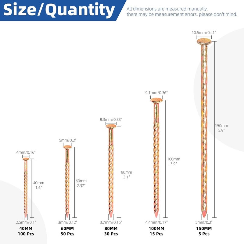Glarks 200pcs 40/60/80/100/150mm Fence Deck Nails Kit, Carbon Steel Spiral Shank Deck Nail, Zinc Plated Twisted Nails for House Floor Repairing Wall Woodworking Baseboard - Image 2