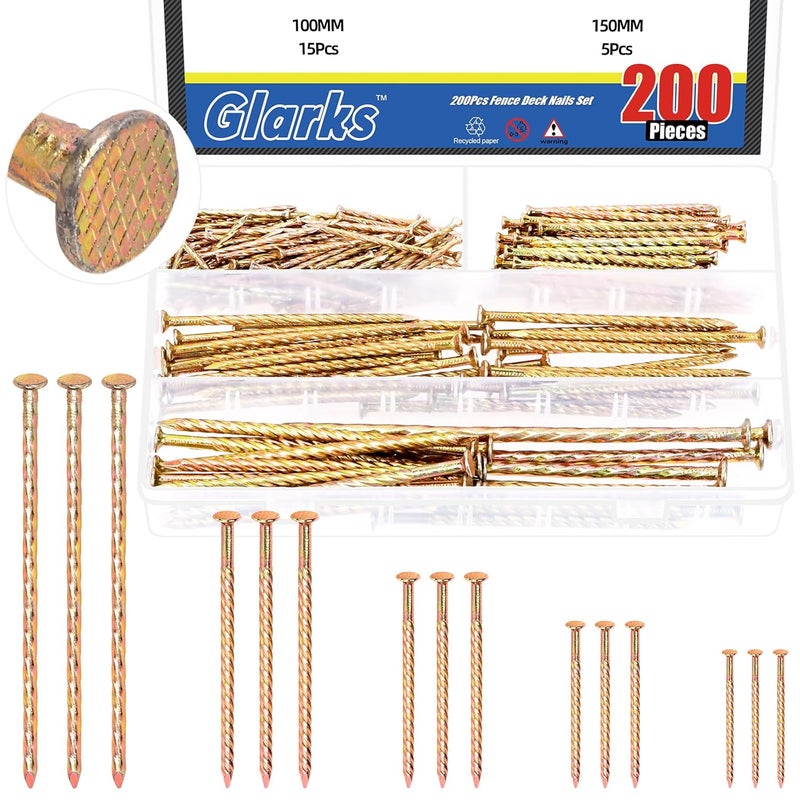 Glarks 200pcs 40/60/80/100/150mm Fence Deck Nails Kit, Carbon Steel Spiral Shank Deck Nail, Zinc Plated Twisted Nails for House Floor Repairing Wall Woodworking Baseboard - Image 1