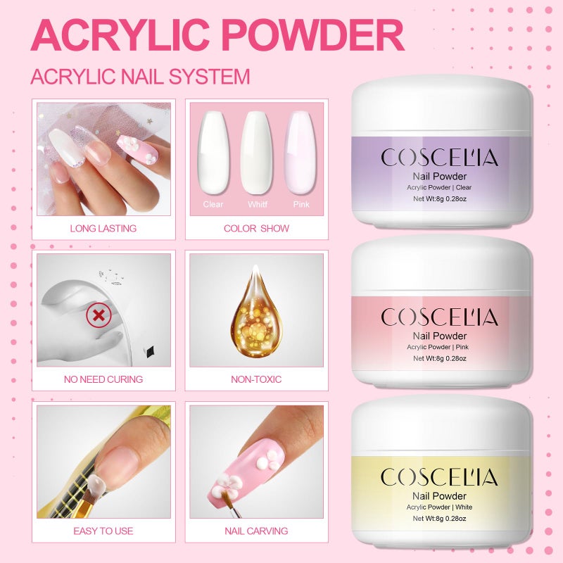 COSCELIA Acrylic Nail Kit for Beginners with Everything Professional Nails Kit Acrylic Set with Drill and U V Light Glitter Powder Decorations Rhinstones DIY Gifts for Women - Image 4