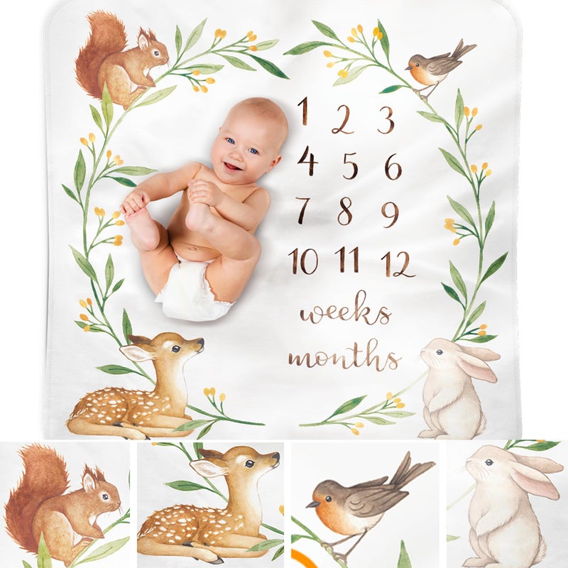 Bubzi Co Baby Monthly Milestone Blanket, Soft Woodland Photo Blanket for Baby Boy & Baby Girl, Nursery Bed Blanket, Newborn Essentials, Baby Registry Must Haves - Image 1