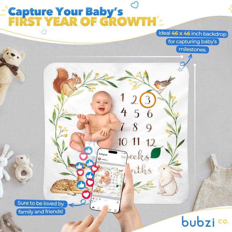 Bubzi Co Baby Monthly Milestone Blanket, Soft Woodland Photo Blanket for Baby Boy & Baby Girl, Nursery Bed Blanket, Newborn Essentials, Baby Registry Must Haves - Image 2