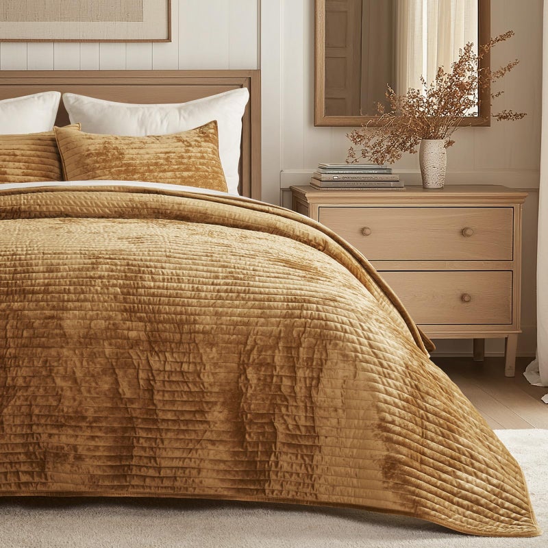 EVERGRACE Velvet Quilt Set King Size, Luxurious Soft Striped Channel Bedding Set, Lightweight Velvet Comforter for All Season, Oversized Bedspread Coverlet with 2 Matching Shams, Gold Yellow - Image 2