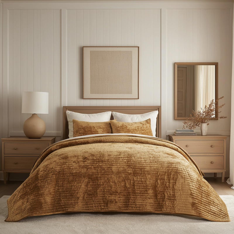 EVERGRACE Velvet Quilt Set King Size, Luxurious Soft Striped Channel Bedding Set, Lightweight Velvet Comforter for All Season, Oversized Bedspread Coverlet with 2 Matching Shams, Gold Yellow - Image 1