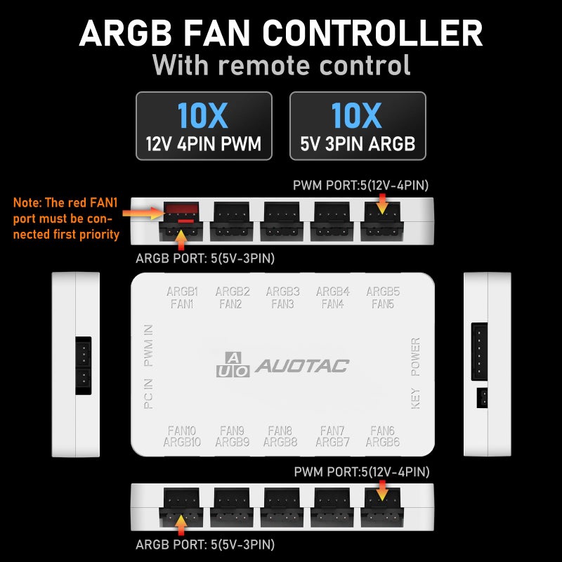 Auotac ARGB Controller PWM Fan Hub with RF Remote, (Connect Ten Case Fans, 5V 3Pin ARGB & 12V 4Pin PWM Fan Connector, Dual SATA Power Input, Magnetic Suction), White - Image 3