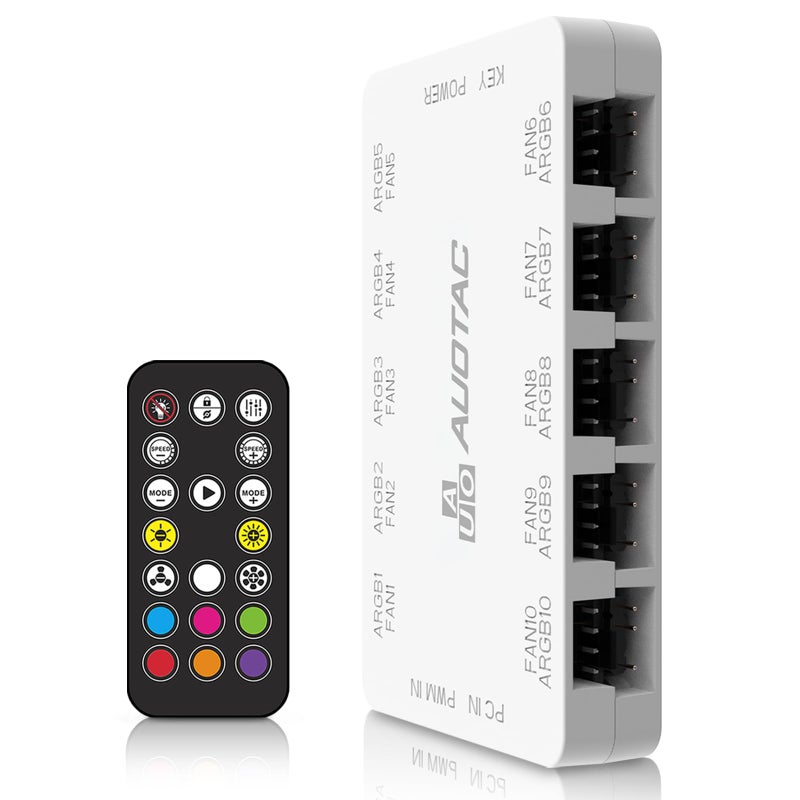 Auotac ARGB Controller PWM Fan Hub with RF Remote, (Connect Ten Case Fans, 5V 3Pin ARGB & 12V 4Pin PWM Fan Connector, Dual SATA Power Input, Magnetic Suction), White - Image 1