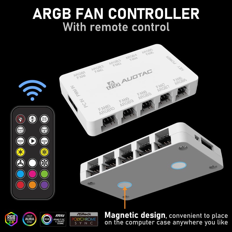 Auotac ARGB Controller PWM Fan Hub with RF Remote, (Connect Ten Case Fans, 5V 3Pin ARGB & 12V 4Pin PWM Fan Connector, Dual SATA Power Input, Magnetic Suction), White - Image 5