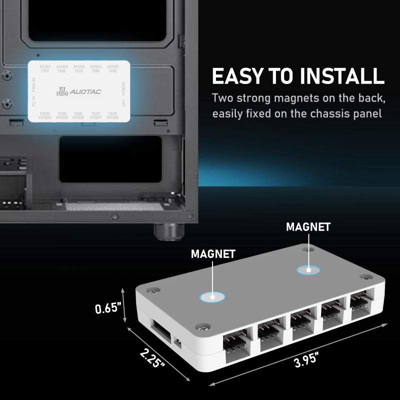 Auotac ARGB Controller PWM Fan Hub with RF Remote, (Connect Ten Case Fans, 5V 3Pin ARGB & 12V 4Pin PWM Fan Connector, Dual SATA Power Input, Magnetic Suction), White - Image 4