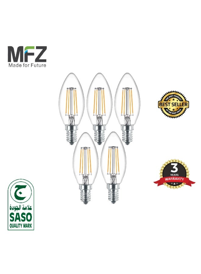 MFZ LED Candle Bulbs 4W, E14 Base, 2700K Warm White, AC220–240V, Filament Design – Pack of 5 Pieces - Image 1