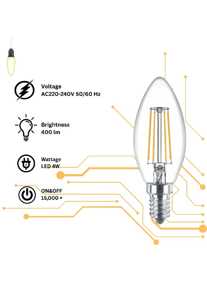 MFZ LED Candle Bulbs 4W, E14 Base, 2700K Warm White, AC220–240V, Filament Design – Pack of 5 Pieces - Image 3