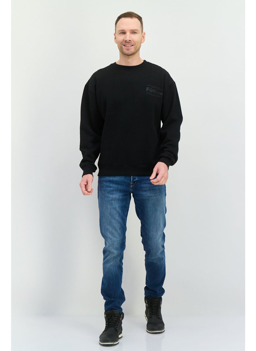 Fudo - Men Crew Neck Long Sleeves Brand Logo Sweatshirt, Black - Image 1