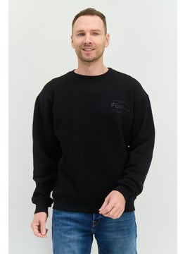Men Crew Neck Long Sleeves Brand Logo Sweatshirt, Black