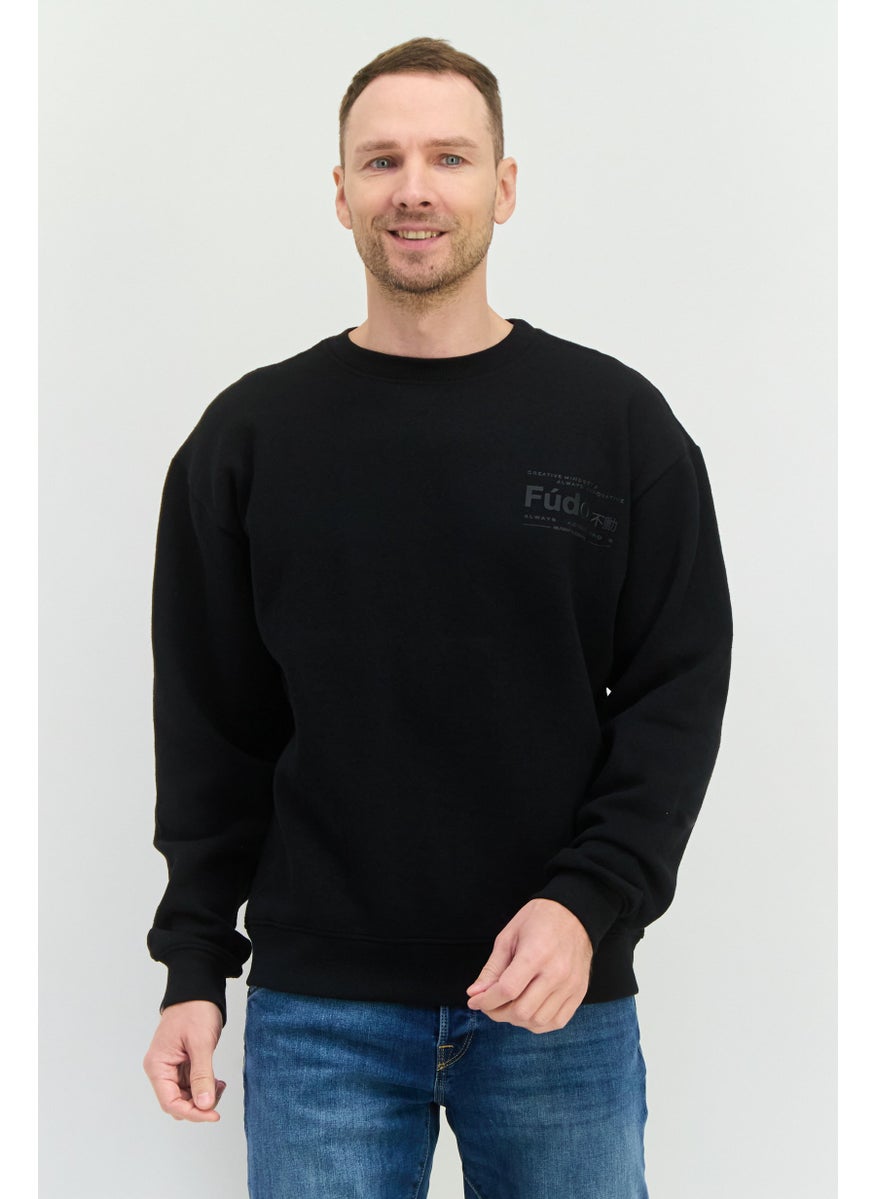 Fudo - Men Crew Neck Long Sleeves Brand Logo Sweatshirt, Black - Image 1